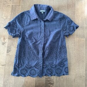 ModCloth Eyelet Short Sleeve Scalloped Hem Floral Coastal Preppy Dainty Blue S